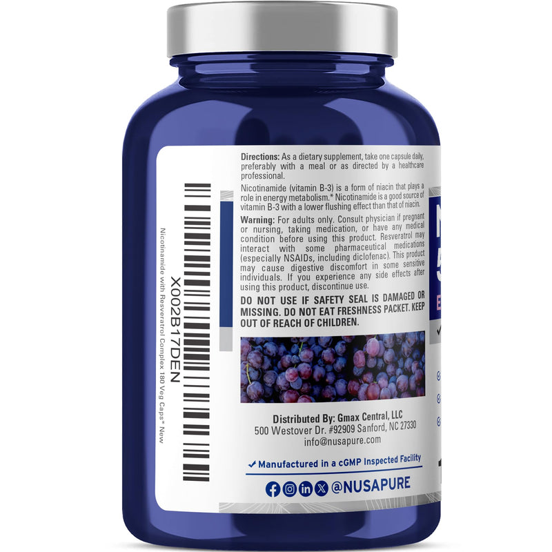 Nicotinamide & Vitamin B-3, Non-GMO, Vegan, 500mg, 180 Caps - 180 Servings | Niacin & Trans Resveratrol, Dietary Supplement Formula, Suitable for Adults, Manufactured in a cGMP Registered Facility USA