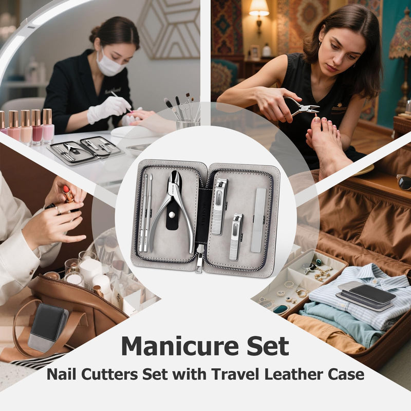 Manicure Set, Nail Cutters Set with Travel Leather Case, Professional Manicure Tools for Thick Nail & Ingrown Nail, Nail Cutters for Men and Women, Silver - BeesActive Australia