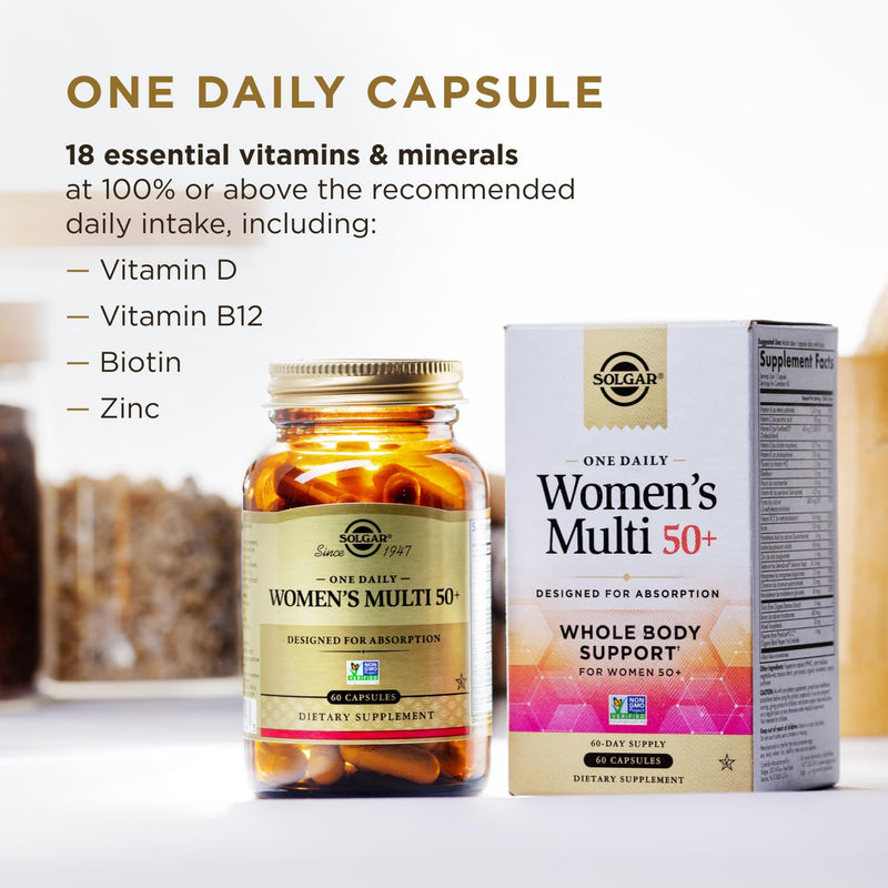 Solgar One Daily Women's Multi 50+ Whole Body Support, 60 Servings | Highly Absorbable Heart, Bone, & Breast Health, Energy, Stress, Hair Skin & Nails Multivitamin, 60 Vegan Capsule Servings