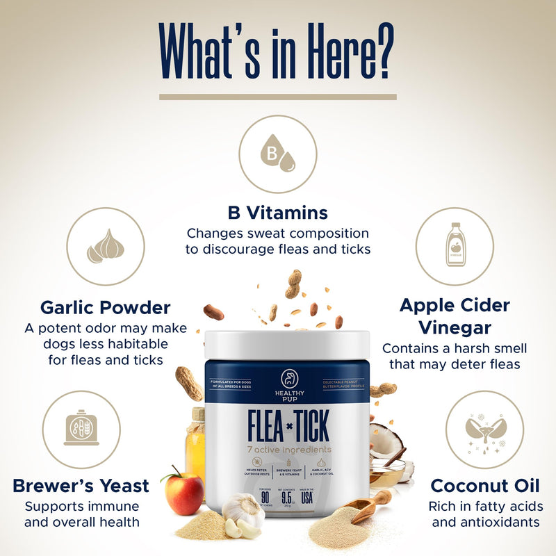 Flea and Tick Prevention for Dogs, Chewable – 90 Peanut Butter Flavored Soft Chews – Made with B Vitamins, Garlic Powder, Brewers Yeast, Coconut Oil, and Apple Cider Vinegar