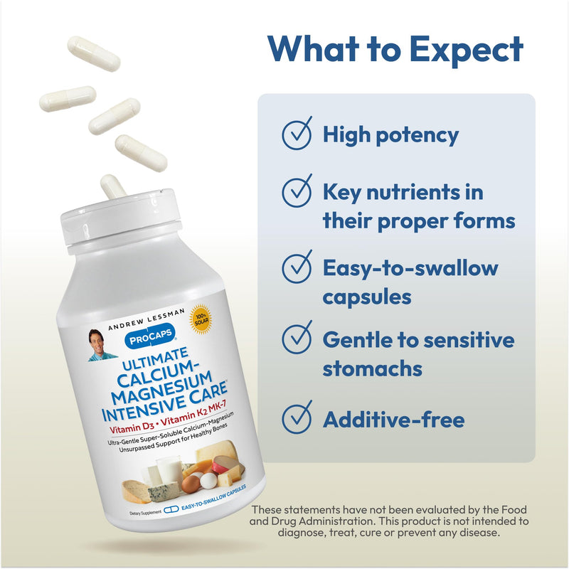 ANDREW LESSMAN Calcium-Magnesium Intensive Care K2 MK7-180 Caps | Bone Support Formula with Calcium, Magnesium, Vitamin D3 & K2 MK-7 for Strong Bones & Heart Health. 180 Count (Pack of 1)