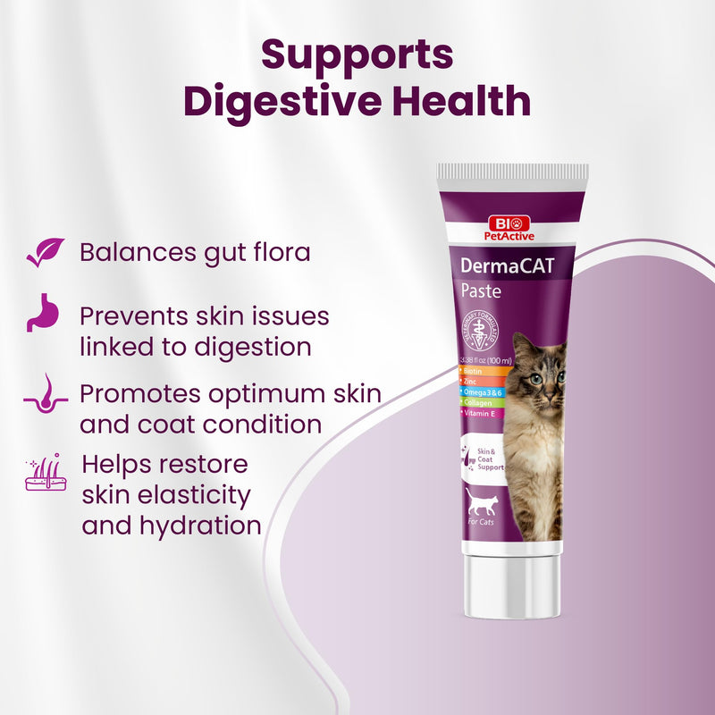 Bio PetActive DermaCAT Skin & Coat Health Supplement Paste for Cats with Biotin, Flaxseed Oil Omega-3, Collagen, Zinc, Prebiotic MOS & Vitamin E – Supports Shiny Coat, Minimize Shedding – 3.38 oz
