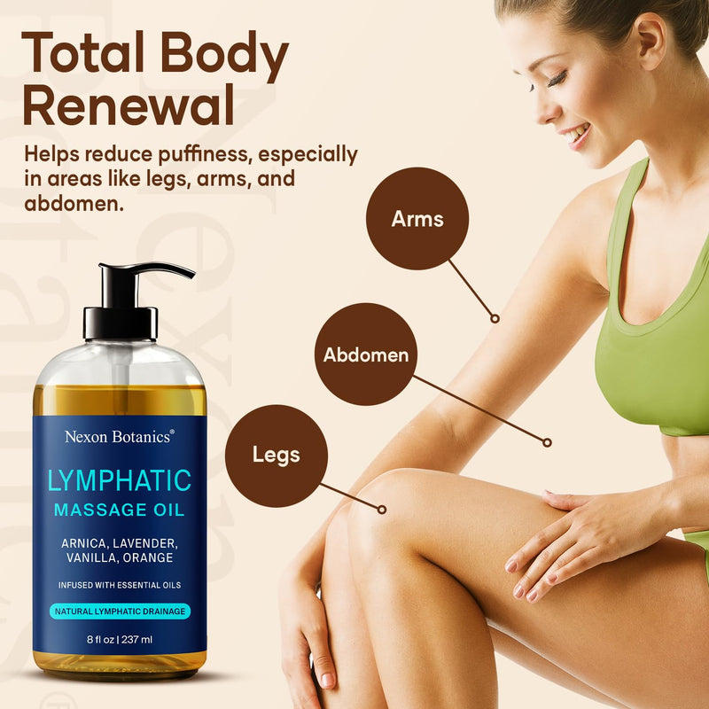 Lymphatic Drainage Massage Oil for Massage Therapy 8 fl oz - Refreshing and Relaxing - Natural Oils with Arnica, Vanilla and Lavender Oil - for Men and Women - Nexon Botanics Lymphatic 8 Fl Oz (Pack of 1)