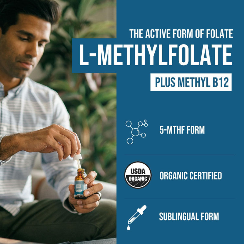 Organic L Methylfolate 7.5 mg Plus Methyl B12 Cofactor - Metabolically Active 5-MTHF Form, Superior Form of Folate - Organic Berry Flavor, Liquid Sublingual Form – Mood, Cognition, Methylation (1oz) 1 Fl Oz (Pack of 1)