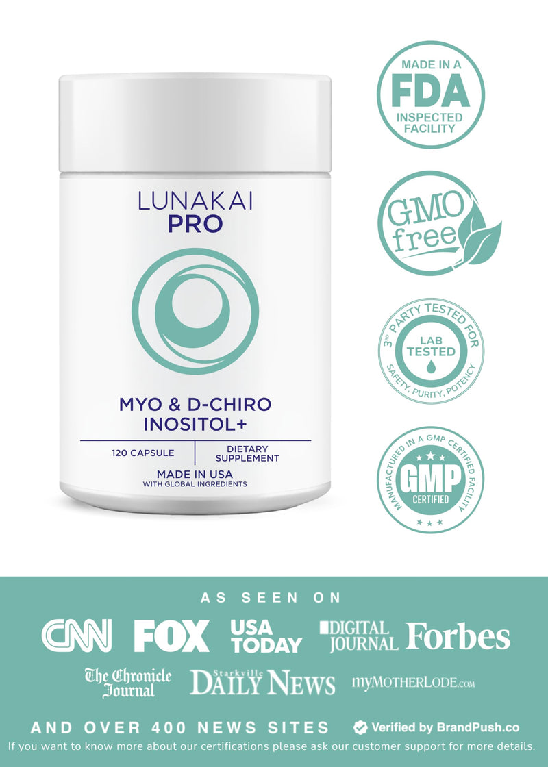 Lunakai Myo-Inositol D-Chiro Inositol for Women 40:1, 2000mg Supplement | USA Made | with CoQ10, Folate & Vitamin D3 - Daily Hormone Balance & Ovarian Support, 120ct
