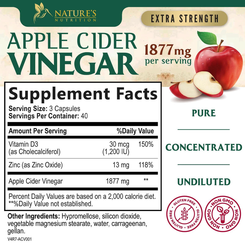 Apple Cider Vinegar Capsules 1877mg per Serving - Extra Strength Detox & Cleanse with Vitamin D & Zinc - Premium ACV, Joint Natural Digestion & Immune Support - Vegetarian Supplement - 120 Capsules 120 Count (Pack of 1)