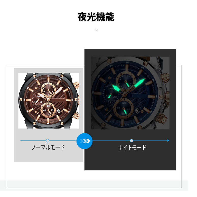 RORIOS Men Watch Leather Band Watch Calendar Luminous Stopwatch Lap Timer Multifunction Waterproof Wrist Watch