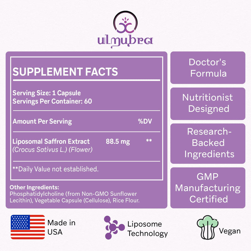Liposomal Saffron Supplements 88.5 mg, Maximum Absorption, 100% Pure Saffron Extract Capsules for Mood, Energy, Vision & Focus - 120 Vegan Capsules 60 Count(Pack of 2)