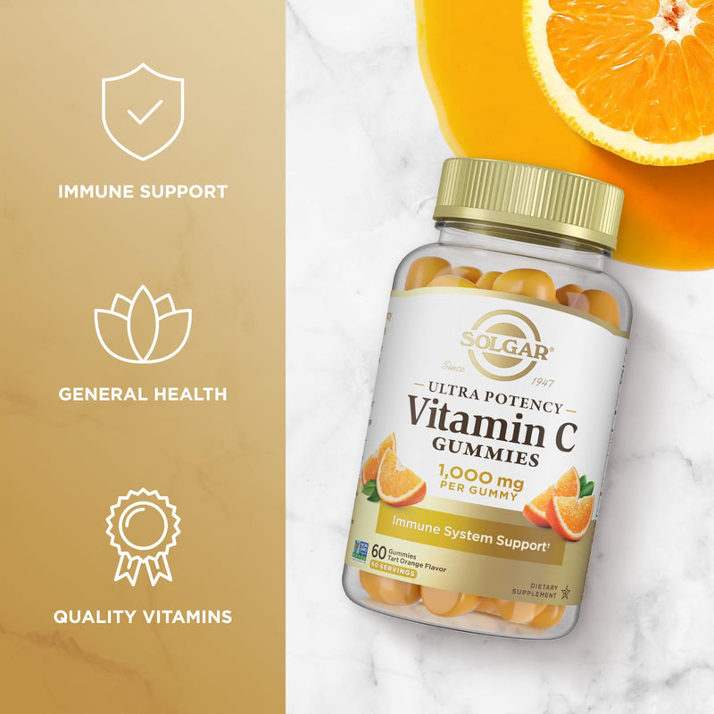 Solgar Vitamin C Gummies for Adults 1,000mg Ultra Potency Vitamin C | Immune System Support for Women & Men, Tart Orange Flavor, Vegan & Gluten-Free Gummy, 2 Month Supply, 2g Sugar, 60 Servings