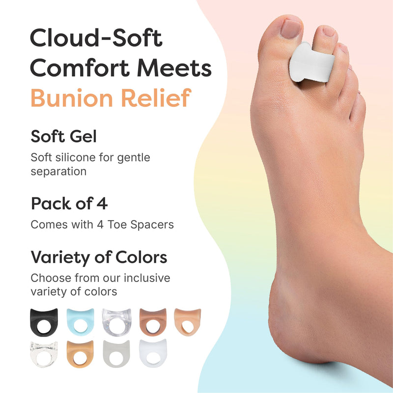 ZenToes Gel Toe Separators for Overlapping Toes, Bunions, Big Toe Alignment, Corrector and Spacer - 4 Pack (White) White