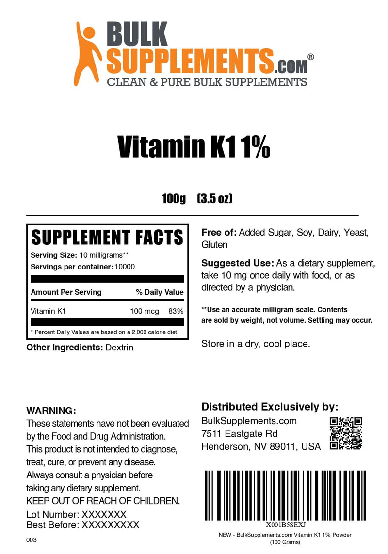 BulkSupplements.com Vitamin K1 Powder - Vitamin K1 Supplement for Bone and Heart Health Support - Gluten Free, 10mg per Serving, 100g (3.5 oz) (Pack of 1) 3.5 Ounce (Pack of 1) - BeesActive Australia