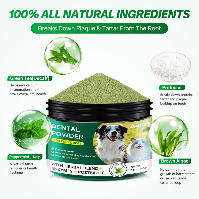 Dog Dental Powder for Teeth Cleaning Plaque & Bad Breath Off, Dental Powder for Dogs Teeth with Natural Herbal Blend & Postbiotics, Dog Teeth Cleaning Powder with Enzymes for Dogs & Cats (5.3oz)
