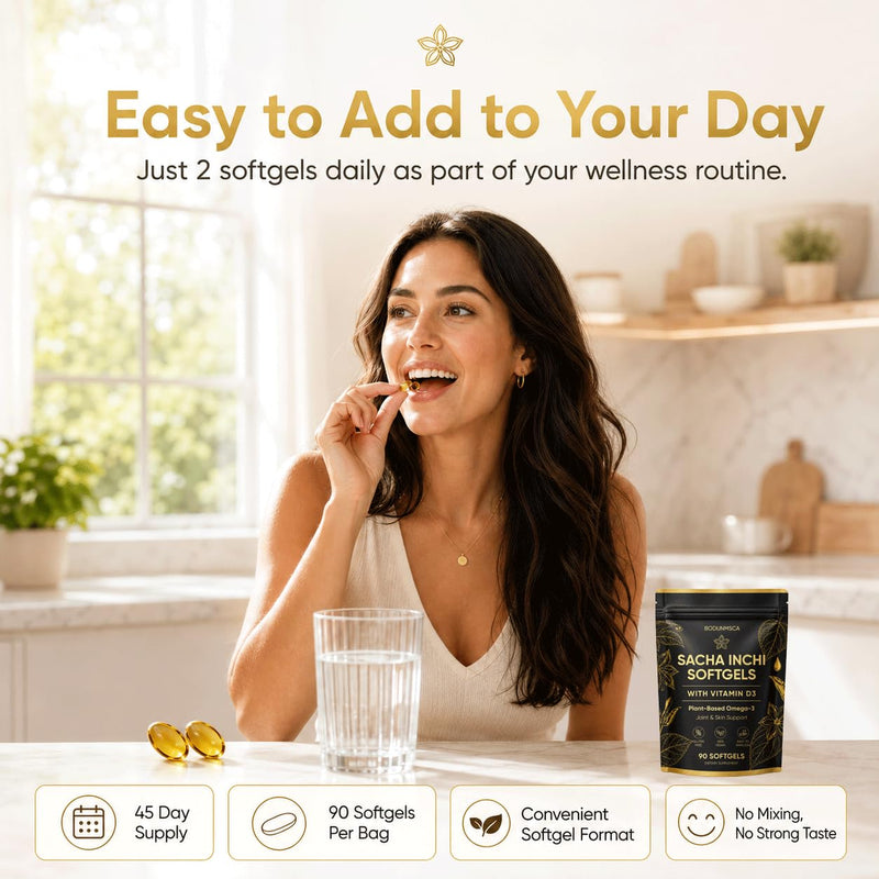 Athera Sacha Inchi Oil Capsules, with Vitamin D3, Plant-Based Omega-3 Softgels for Skin, Joint & Daily Wellness Support, Vegan, Gluten-Free, Easy to Swallow, 90 Count 1 2