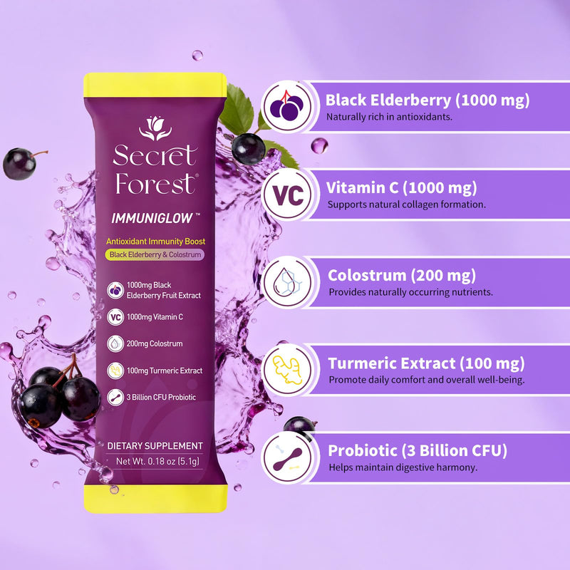 Secret Forest ImmuniGlow, 1000mg Vitamin C, 1000mg Black Elderberry, Probiotics, Colostrum, Turmeric & Zinc – Antioxidant & Recovery Formula, Daily Immunity & Gut Support Drink Mix (15 Packets) 15 Count (Pack of 1)