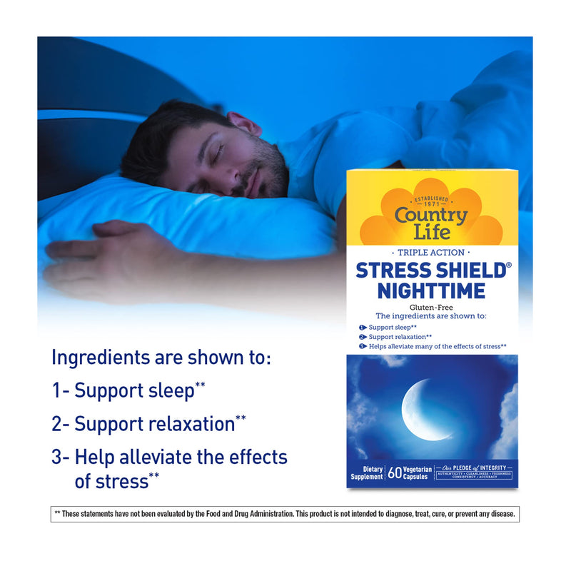 Country Life Stress Shield Nighttime, Sleep Support, 60 Vegetarian Capsules | Sensoril ashwagandha, GABA, L-theanine and botanicals support relaxation at bedtime; certified gluten-free and vegan