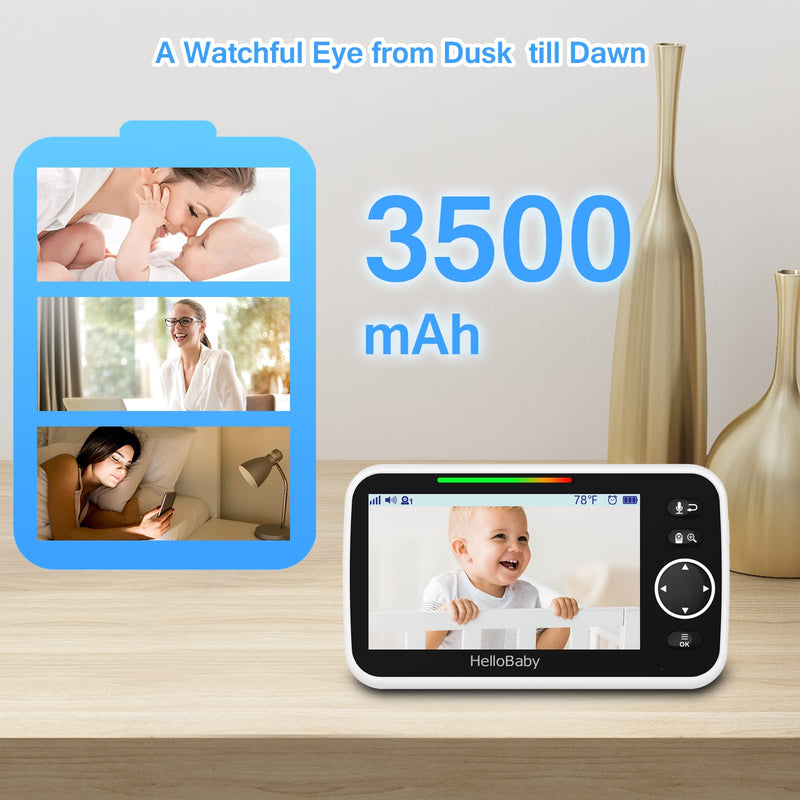 HelloBaby Monitor with Camera and Audio, 5'' Screen with 16-Hour Video Streaming, Remote Pan-Tilt-Zoom Camera, Two-Way Talk, VOX Mode, Auto-Night Vision, Range up to 960ft and No WiFi - BeesActive Australia