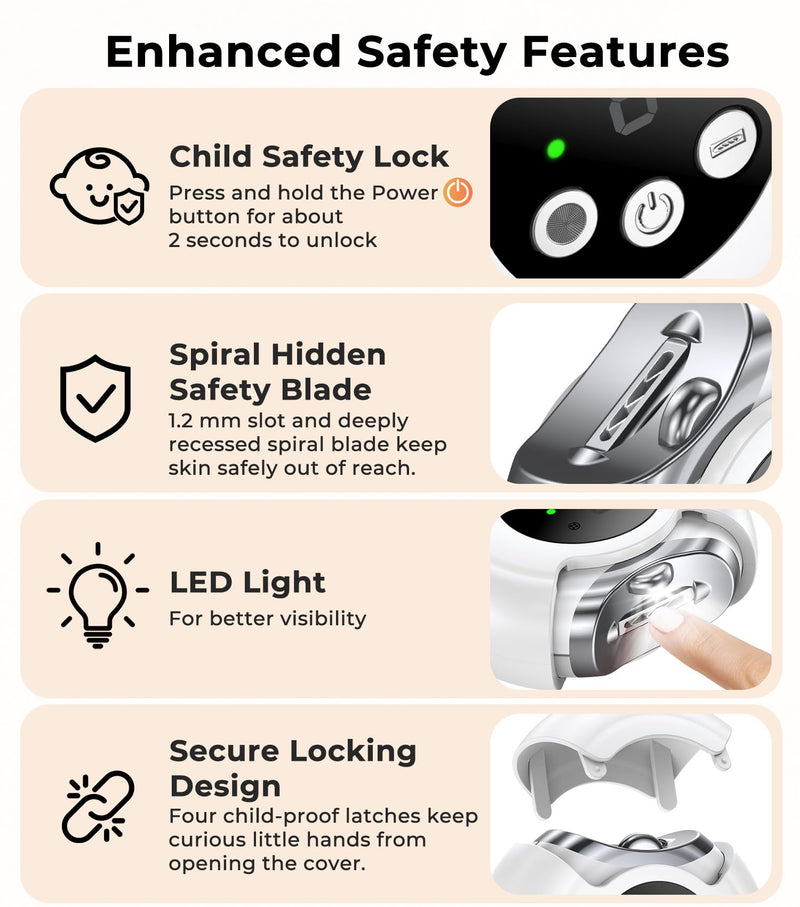 Electric Nail Clippers for All Ages, Rechargeable Safety Grinder, Pinch-Free Auto Trimmer with Debris Catcher, 3-Speeds Nail File and Polisher with LED Light, Quiet Care for Baby, Seniors and Adults White