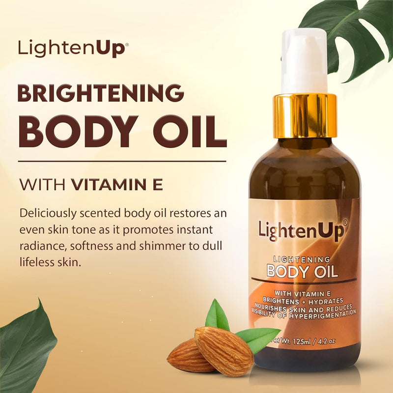 LightenUp, Skin Brightening Body Oil - 4.2 fl oz / 125 ml - Hyperpigmentation Body Seum, Dark Spot Remover, for Men and Women with Vitamin E, Shea Butter, Almond Oil Brightening Oil