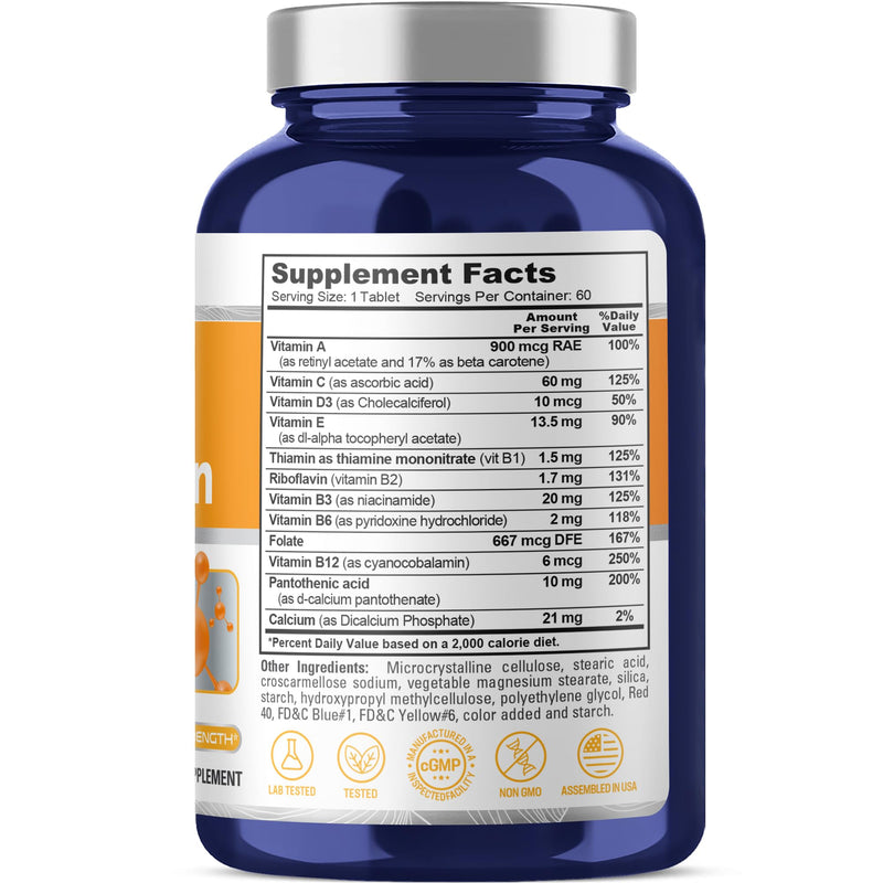 Daily Multivitamin, Magnesium Stearate, Vegan, 60 Tablets - 60 Servings | Vegetable Magnesium Stearate, Dietary Supplement Formula, Suitable for Adults, Manufactured in a cGMP Registered Facility USA