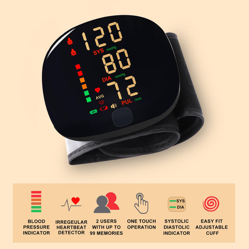 Rechargeable Wrist Blood Pressure Monitor with Voice Broadcast, Dual User Blood Pressure Cuff Wrist with USB-C Charging Cable, 2X 99 Memories & Carry Case - BeesActive Australia