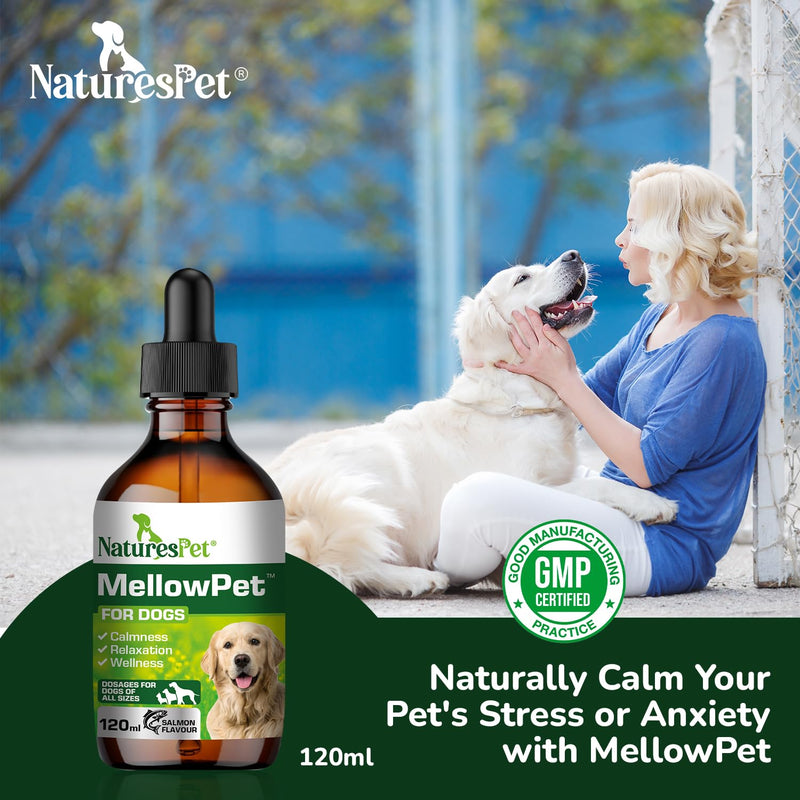 MellowPet – Calming Supplement for Dogs 120ml | Stress, Anxiety & Barking Relief for Travel & Separation | With Valerian & Ashwagandha – Salmon Flavour