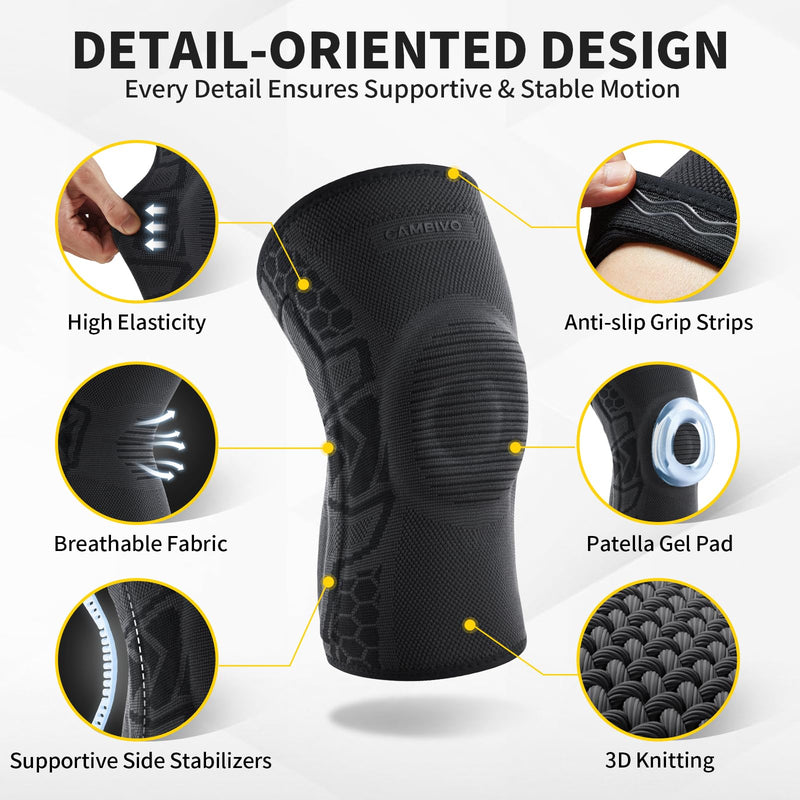 CAMBIVO 2 Pack Knee Brace for Men and Women, Knee Sleeves for Men with Patella Gel Pad and Side Stabilizers, Knee Compression Sleeves for Knee Pain Relief, Running, Workout, Daily Use Black Large