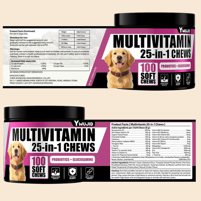25-in-1 Dog Multivitamin Chewable with Probiotics,Dog Vitamins and Supplements Hip & Joints,Pets Immune Support,Skin,Coat,Heart,Gut Health Omega 3,Glucosamine for All Puppy,Adult & Senior Dogs