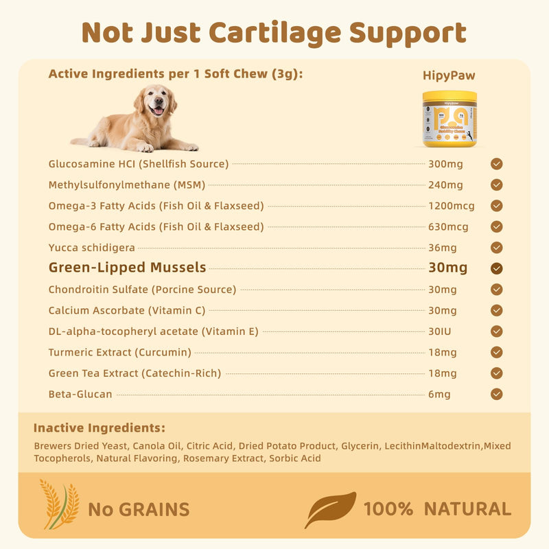 Glucosamine for Dogs, Hip & Joint Support Soft Chews with Chondroitin MSM, Green Lipped Mussel, Omega-3 & Turmeric, Joint Pain Relief,Mobility Support - Senior & Active Dogs, Chicken Flavor,100 Count Yellow