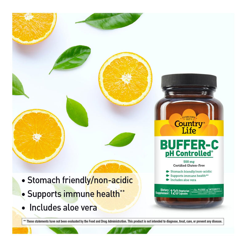 Country Life Buffer-C Vitamin C 500 mg, 120 Vegetarian Capsules | pH-controlled, stomach-friendly formula with quercetin for daily immune support
