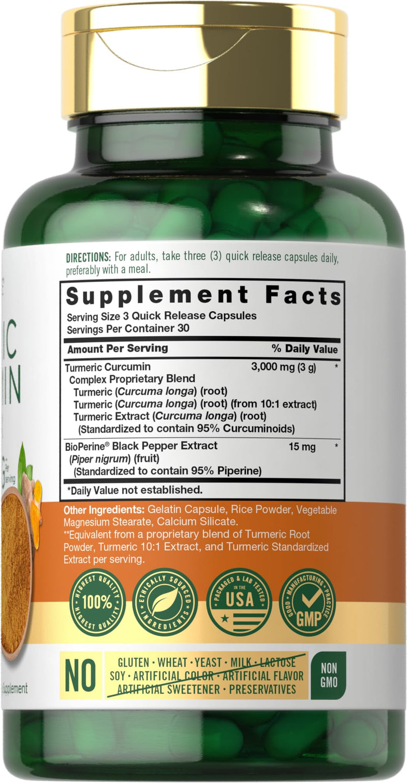 Carlyle Turmeric Curcumin with Black Pepper 3000mg | 90 Powder Capsules | Complex Supplement with Bioperine | Non-GMO, Gluten Free - BeesActive Australia