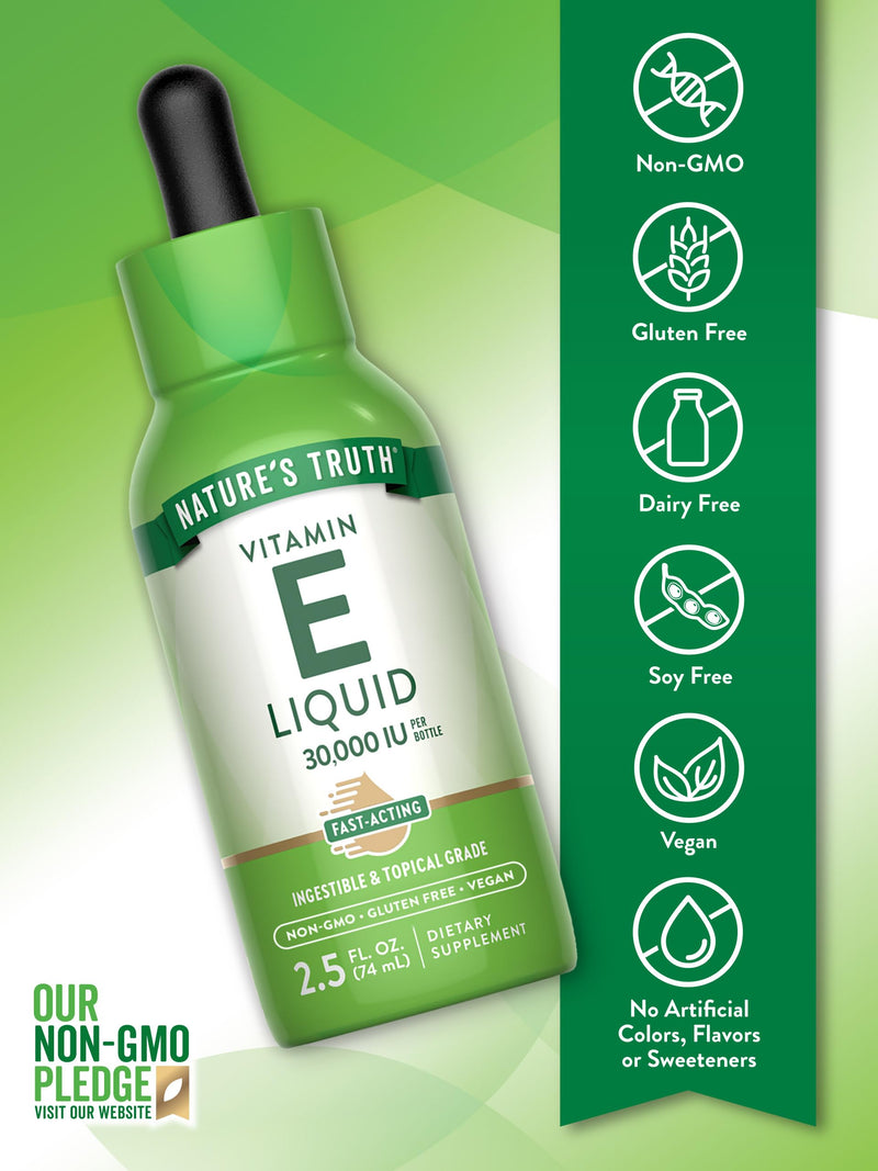 Nature's Truth Vitamin E Oil Supplement | 30,000 IU | 2.5 fl oz | Ingestible & Topical Grade for Skin | Vegan, Non-GMO & Gluten Free