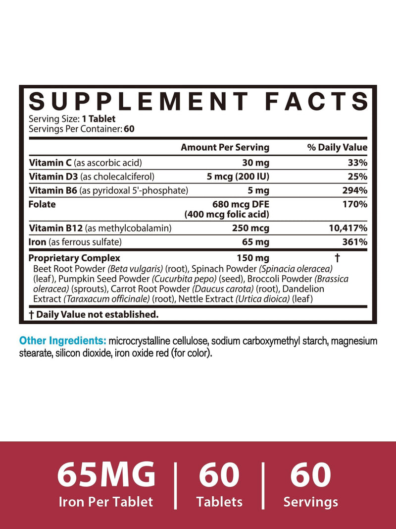 Iron Supplement 65mg, Blood Building & Energy Support, 60 Tablets | with Vitamin C, D3, B6, B12 & Folate, Spinach, Broccoli, Beet Root, Pumpkin Seeds, Dandelion & Carrots 60 Count (Pack of 1)