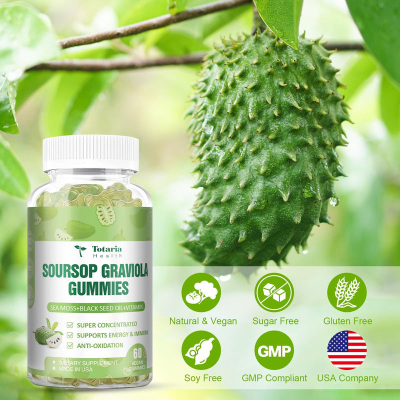 Totaria Sugar Free Soursop Oil Graviola Sea Moss Gummies - Support Digestive Sleep Skin Health, Immunity & Antioxidant - Guanabana Fruit with Sea Moss, 150mg Black Seed Oil Organic Non-GMO Vegan 60 Count (Pack of 1)