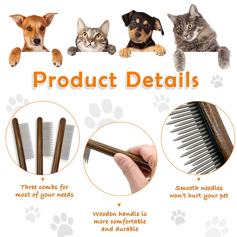 3 Pack Solid Wood Cat Combs,Flea Lice Comb with Rounded Stainless Steel Teeth for Cat Dog Rabbit Massage Removes Mats, Tangles and Loose Fur,Grooming Comb for Cat/Dog/Small Medium Pets 3PCS - BeesActive Australia