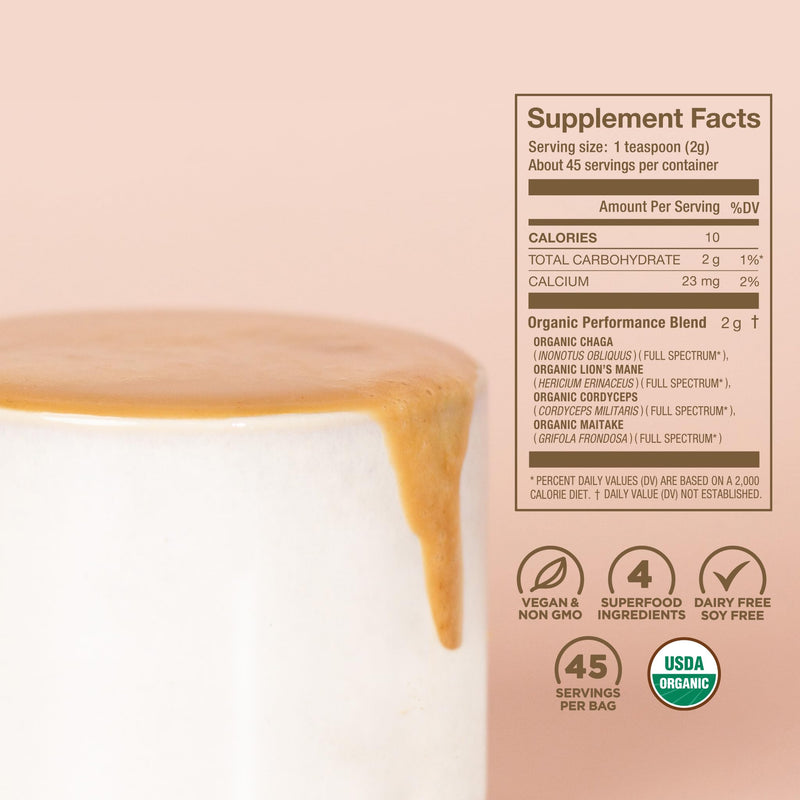 Laird Superfood Organic Performance Mushroom Blend with Chaga, Cordyceps, Lion's Mane and Maitake for Energy and Cognition, 3.17 oz. Bag, Pack of 1 Performance Mushrooms - BeesActive Australia