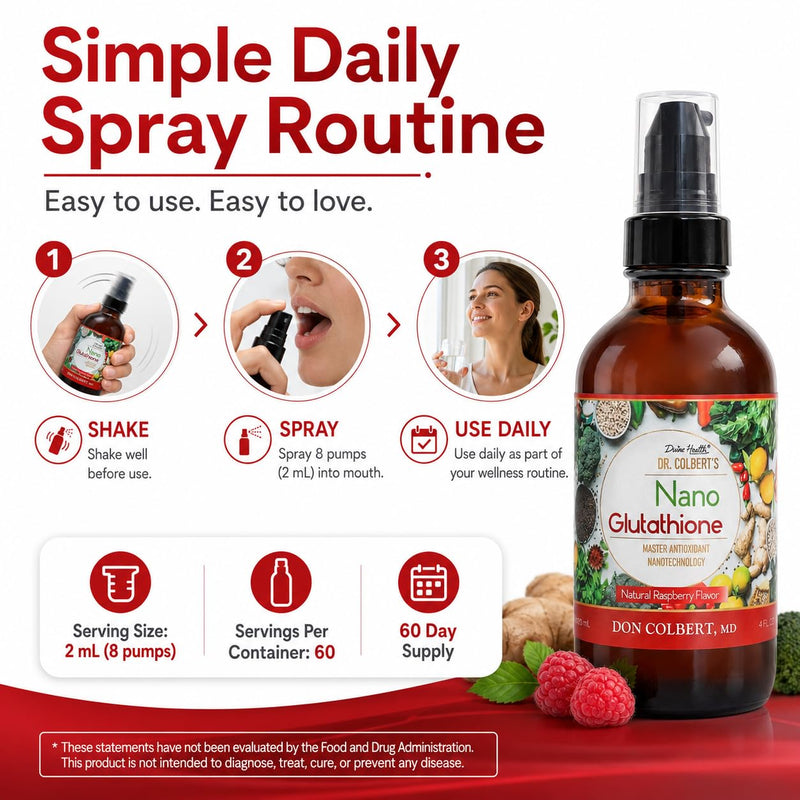 Dr. Colbert, MD Nano Reduced L-Glutathione Liquid Spray | Raspberry Flavor | by Divine Health | Nanonization | Superior Absorption | Includes Vitamin C | Sugar Free | 60 Servings | 4oz