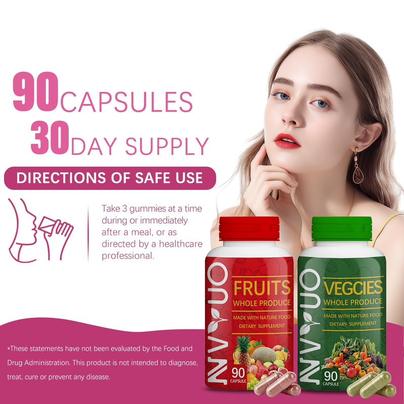 Fruits & Veggies Capsules - 90 Fruit and 90 Veggie Whole Food Supplement - Supports Energy Levels, High Lycopene, Vitamins & Minerals