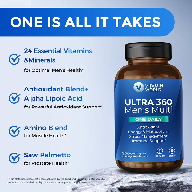 Vitamin World Ultra 360 Multivitamin for Men One Daily, Antioxidant Support | Men's Multivitamin with Minerals & Herbs, Vitamin A, C, D, E & Zinc for Energy & Immune Support, 90 Caplets