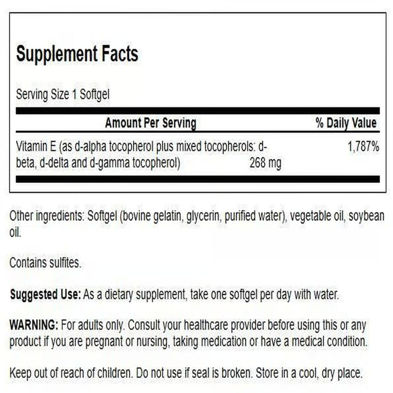 Swanson Vitamin E Mixed Tocopherols, 268 mg, 100 Softgels | Sourced from Mixed Tocopherols for Daily Antioxidant Support, a Full-Spectrum Formula with Plant-Based Ingredients 100 Count (Pack of 1)