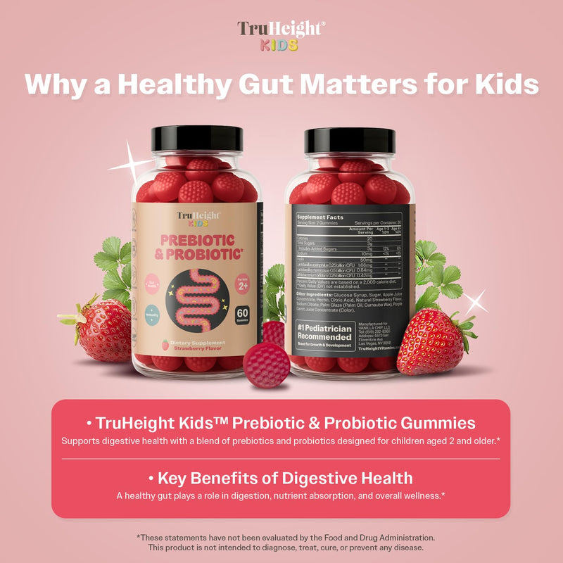TruHeight Kids Prebiotic & Probiotic Gummies Ages 2+ (Strawberry Flavor) Toddlers & Kids All Natural Gut Health, Digestive Enzymes, Stomache Ache, Constipation Relief Supplement - Pediatric Vitamins 60 Count (Pack of 3)