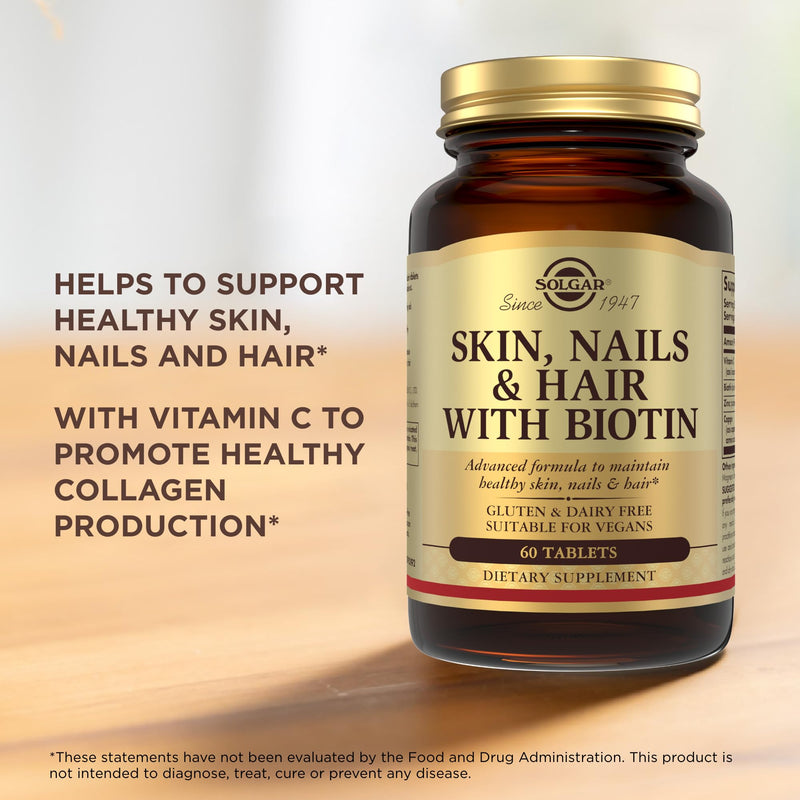 Solgar Skin, Nails & Hair with Biotin - 60 Tablets - with Vitamin C to Promote Healthy Collagen Production - 30 Servings