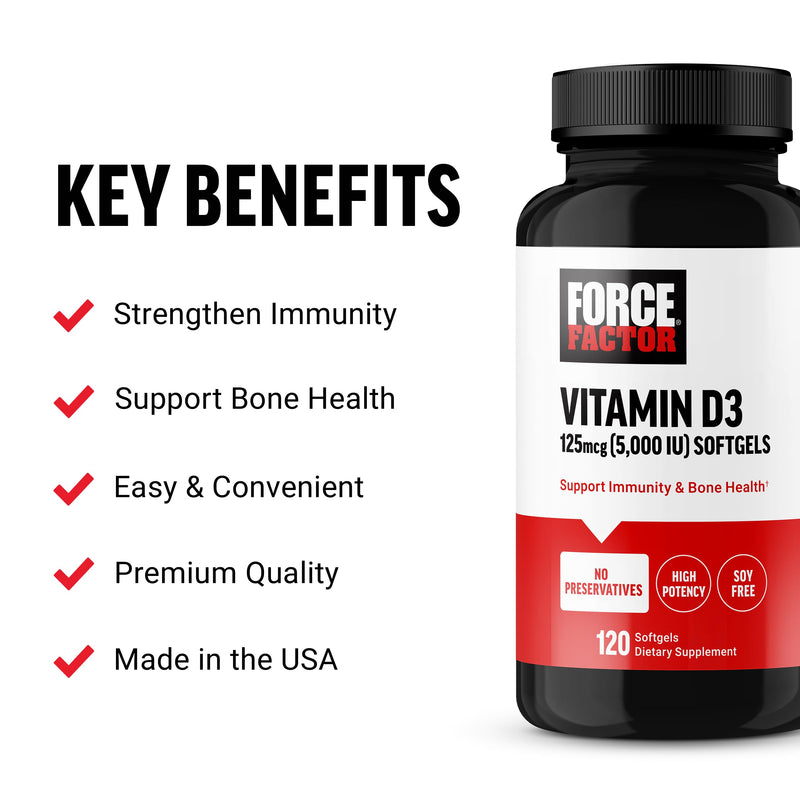 Force Factor Vitamin D3 5000 IU Softgels, High-Potency Vitamin D Supplement | Support Immune & Bone Health, Premium Quality, No Preservatives, 120 Softgels