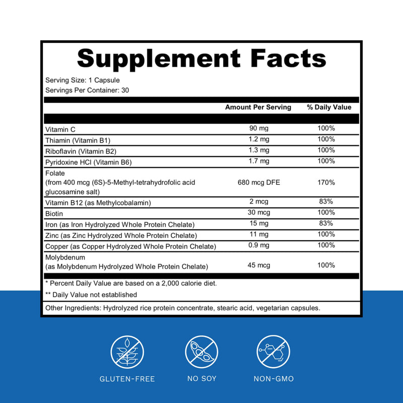 Dr. Wholeness Blood Vitality | Daily Iron/Multivitamin Supplement | Boost Ferritin and Energy, Most Effective Iron Supplement, High Potency, Non-Constipating, No Nausea, and Bioavailable | 30 Capsules
