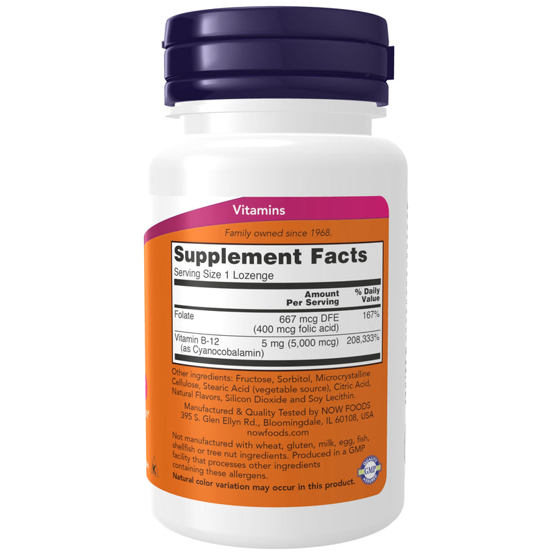 NOW Supplements, Vitamin B-12 5,000 mcg, with Folic Acid, Nervous System Health*, 60 Lozenges (Pack of 2) Unflavored 60 Count (Pack of 2)