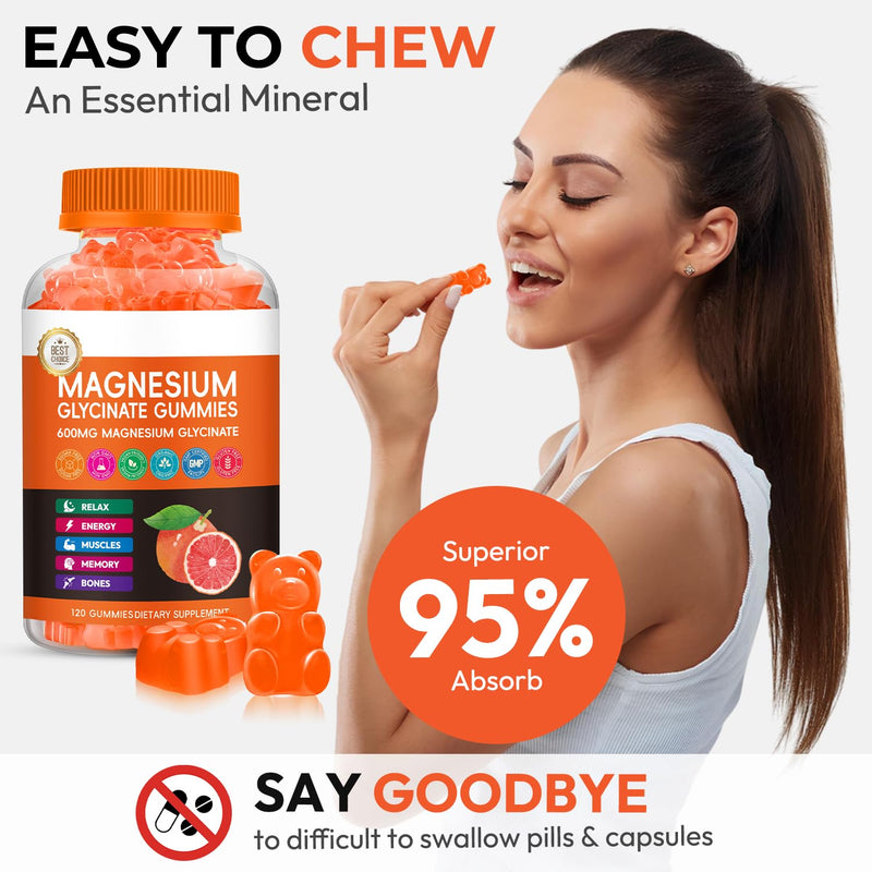 Magnesium Glycinate Gummies, High Absorption Magnesium Complex, Grapefruit | Magnesium Glycinate Gummies with Calcium, Vitamin B6 & D3. Sugar Free Chews, 120 Count, Supports Relaxation & Nighttime 120 Count (Pack of 1)