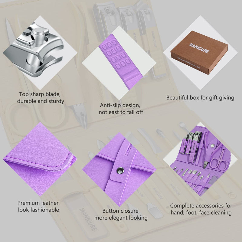Manicure Set Professional Nail Clippers Pedicure Kit, 16 pcs Stainless Steel Nail Care Tools Grooming Kit with Luxurious Travel Leather Case for Thick Nails Men Women Gift Violet