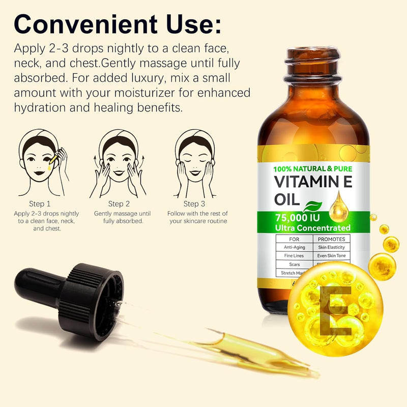 Vitamin E Oil 75,000 IU - 100% Natural and Pure Vitamin E Oil for for Plump Skin, Reduce Fine Lines & Scars, Moisturizing Skin, for Skin, Scars, Face & Full Body-2 Fl Oz