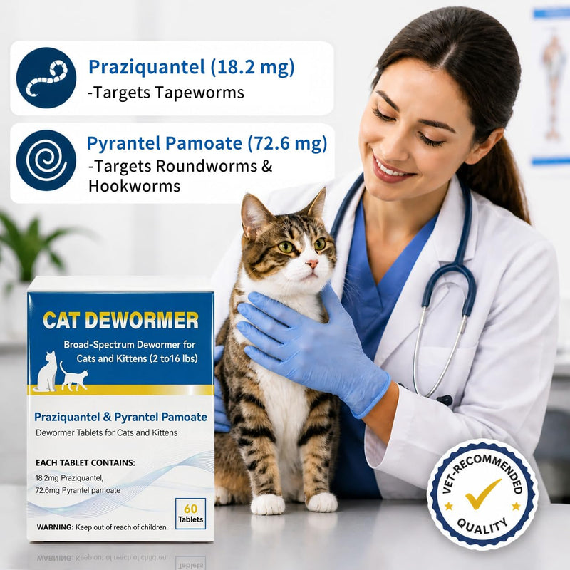 Cat Dewormer Tablet for Cats & Kittens – Praziquantel & Pyrantel Pamoate, Broad Spectrum Dewormer for Tapeworms, Roundworms & Hookworms, 60 Tablets