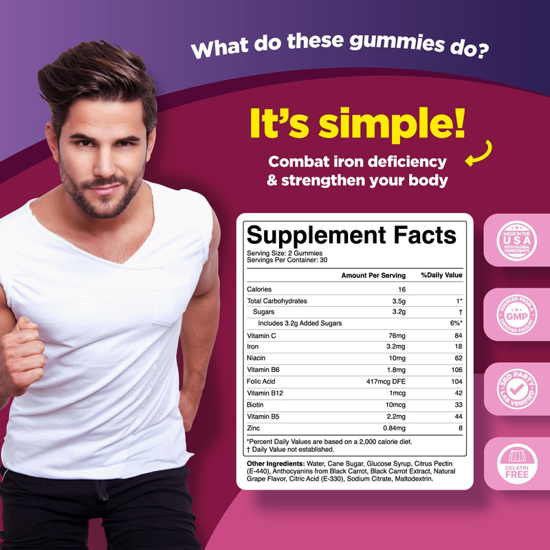 Natural Multivitamin Iron Gummies for Adults - Adult Gummy Vitamins with Iron and Energy Boost B Complex Vitamins - Gummy Supplement and Mental Clarity Focus Multivitamin - 60 Count