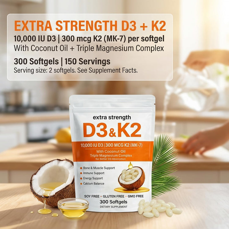 Vitamin D3 K2 Magnesium Complex, Extra Strength D3 & K2 with Triple Magnesium Softgels, D3 K2 Vitamin 10000 IU Softgels(1) 1